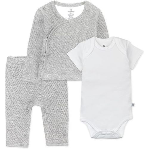 HonestBaby 3-Piece Organic Cotton Kimono Top, Footed Pant & Headband/Beanie Set for Infant Baby Boys, Girls, Unisex