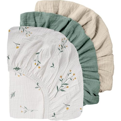Muslin Mini Crib Sheets 3 Pack, Breathable, Fits Pack and Play and Twin Z Pillow Sheets Fitted Soft Cozy Cotton Sheets for Baby Boy Girls, Universal Fitted Mini Crib Mattresses 38"x26" (Green, Set of 3)