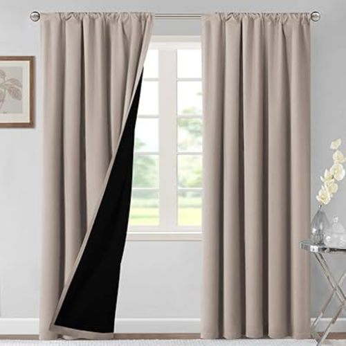 H.VERSAILTEX 100% Blackout Curtains for Bedroom Thermal Insulated Curtains & Drapes Blackout Curtains 84 Inches Long Rod Pocket Curtains for Living Room with Black Liner 2 Panels Set, Natural Sand