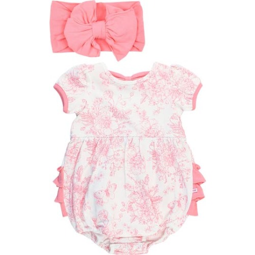 Butterfly Garden Toile Bubble Romper & Head Wrap Set, 3-6M