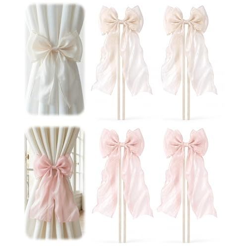 4 Pack French Silky Bow Curtain Tiebacks, 2 Pink & 2 White Ribbon Bow Ties for Aesthetic Home Bedroom, Wedding, Party Decor