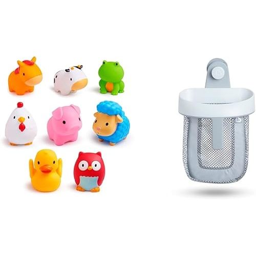 Munchkin Farm Animal Squirts Bath Toy (8 Pack) + Hanging Bath Toy Storage with Quick Drying Mesh