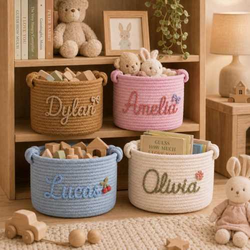Personalized Toy Basket, Custom Kids Name Storage Bin, Woven Rope Nursery Organizer, Playroom Toy Box, Crochet Name Basket, Kids Room Decor