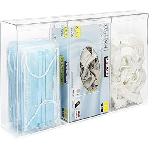 Medical Glove Holder Wall Mount Triple Hygiene Dispenser Station with Lid - Triple Transparent Acrylic - Acrylic Face Mask & Wipes Dispenser - All-Purpose Organizer