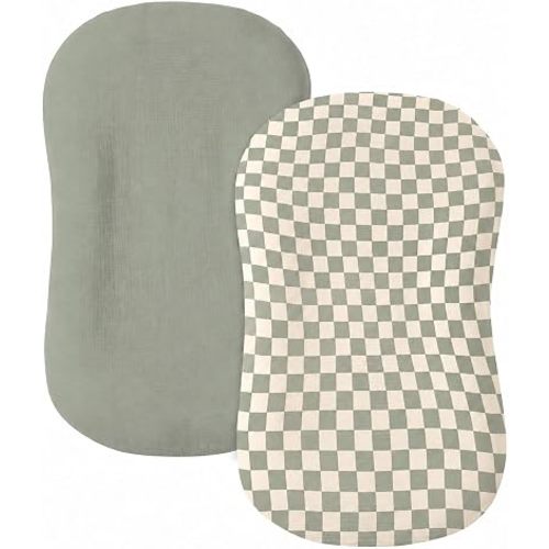 guruixu Muslin Baby Lounger Cover 2 Pack, 100% Cotton Infant Lounger Cover, Soft & Breathable Replacement Slipcover, Compatible with Snuggle Me Newborn Lounger (Fog Green & Green Check)
