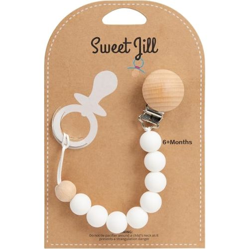 White-Sweet Jill Pacifier Clip Made with Silicone Beads and Secured with Wood Clip. 1 Piece Design. BPA-Free. Chewable. 9" Long. Keeps Pacifiers and teethers securely Fastened.