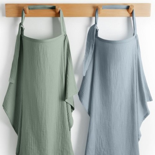 Comfy Cubs Muslin Nursing Cover, Pack of 2 - 100% Cotton Adjustable Neck Strap with Privacy Coverage - Fern and Pacific Blue