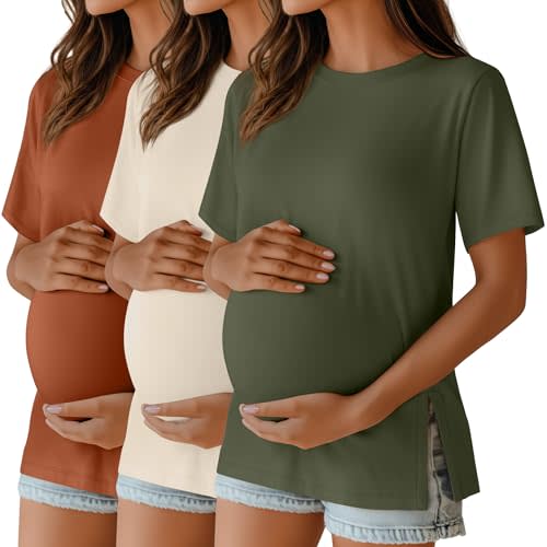 Ficerd 3 Pack Women's Maternity T Shirts, Short Sleeve Side Split Pregnancy Tops Casual Crew Neck Pregnant Tees Mama Clothes