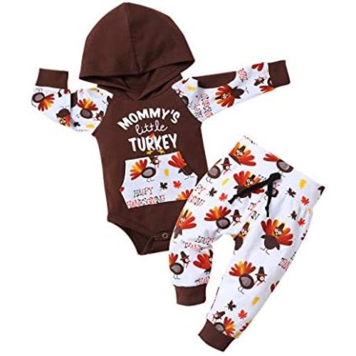 DONWEN Thanksgiving Baby Boy Outfits Little Turkey Hoodies + Pants 2Pcs My First Thanksgiving Baby Boy Outfit