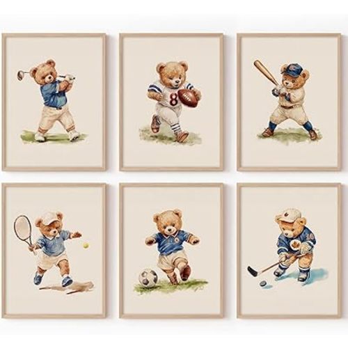 Nursery Bear Sports Wall Art Vintage Boy Room Canvas Wall Decor Baby Teddy Bear Pictures Boy Nursery Art Prints Kids Animal Poster Artwork for Toddler Bedroom Playroom 12x16 Inch Unframed 6Pcs