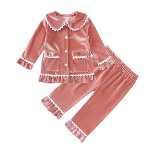 GYRATEDREAM Baby Kid Girls Ruffled Pajamas Set Long Sleeve Lapel Collar Button Down Top Shirt Pants 2PCS Pj Velvet Loungewear Sets