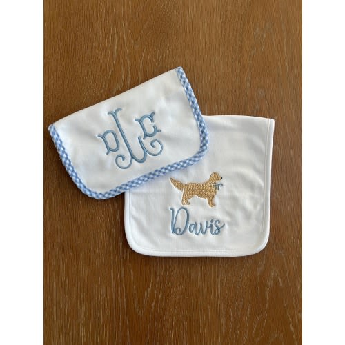 Embroidered + Personalized Golden Retriever Burp Cloth Set