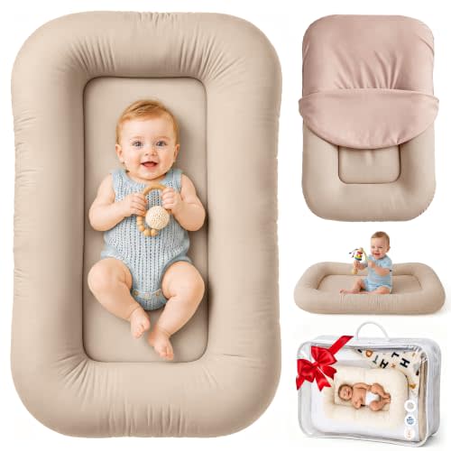 Infant Support Cushion & Baby Support Cushion for Newborn 0-24 Months, Breathable Cotton Pad, Supervised Use, Portable Infant Essentials for Travel and Home, Brown (Cover Included）