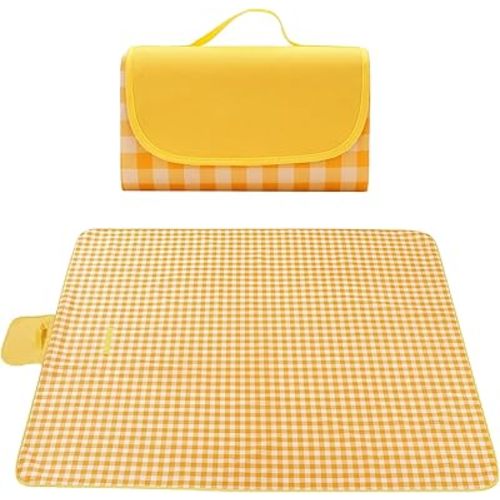 ADRIMER Large Picnic Blanket 77" x 79", Outdoor Waterproof Picnic Mat, Portable Beach Blanket for Family, Beach, Park, Camping, Hiking, Yellow & White