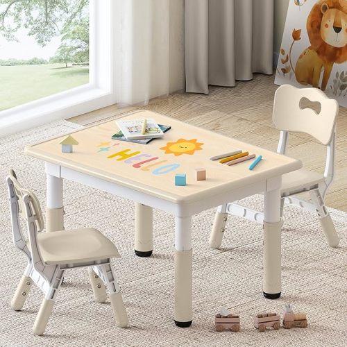 GITAWUSA Kids Study Table and Chairs Set, Height Adjustable Toddler Table and Chair Set for Kids Ages 3-8, 31.5" L x 23.6" W Graffiti Desktop Plastic Children Art Table with 2 Seats, Grey