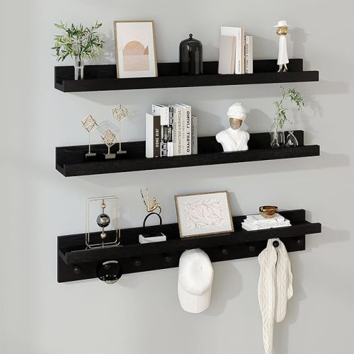 MBYD Solid Wood Black Floating Shelves for Entryway, 24 Inch Wall Shelf with Hooks & Wooden Pegs, Modern Versatile Picture Ledge to Organize Living Room, Bedroom, Declutter Items & Hang Keys, Bags
