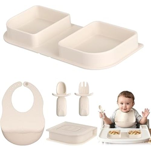 Beige Travel Silicone Foldable Feeding Set, On-the-Go Baby Feeding Supplies Including Toddler Plates, Silicone Baby Spoon&Fork, Adjustable Foldable Bib, Portable Infant Toddler Utensils