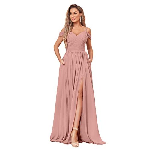 BOLENSYE Off The Shoulder Bridesmaid Dresses with Pockets Ruched Chiffon Long Slit Formal Evening Gown