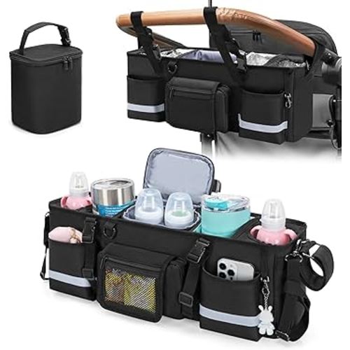 Parent Console Stroller Organizer Compatible with WONDERFOLD W4, with Four Insulated Cup Holders, a Removable Cooler Bag, Special Board Design Make It Not Easy Collapse and Tilting, Black