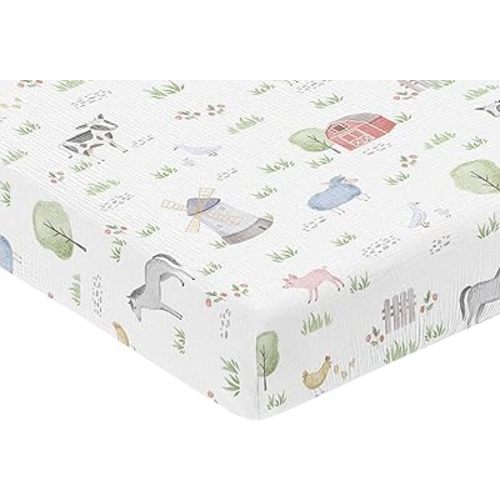 Sweet Jojo Designs Muslin Crib Sheets (Farm Animals) for Baby Girls/Boys, Infant Nursery, Toddler Room - 100% Cotton Fitted Sheet Standard Size (Neutral, Watercolor, Farmhouse Barn, Horse, Cow, Sheep)