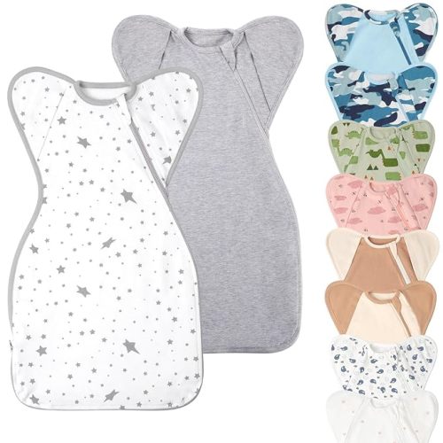 Baby Sleep Sack Swaddles for Newborn 0-3 Months, Arms Up Swaddle Blanket 2 Packs Cotton, Hands Up 3-Way Transitions to Arms-Free Wearable Sleeping Sack Bag for Boys Girls Snug Fit Calms Startle Reflex