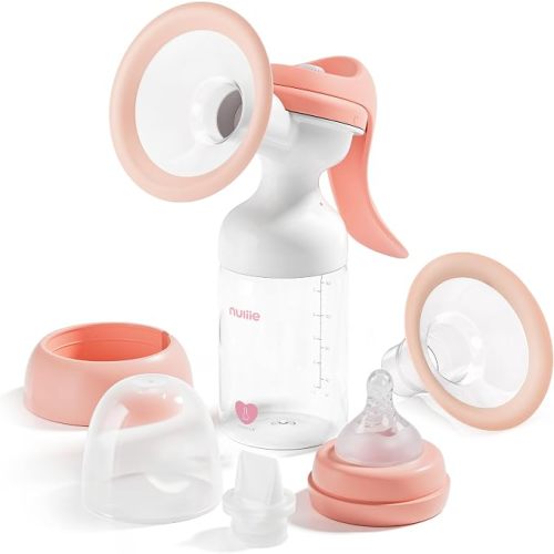 Nuliie 8010 Manual Breast Pump, Adjustable Suction with Temperature-Indicating Bottle, 6oz Wide-Neck Bottle, Narrow-Neck Adapter, Hand Pump Breastmilk with Flanges, BPA-Free, Heat Resistant