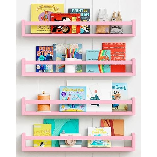 Forbena 24 Inch Wall Bookshelf for Kids Bedroom Set of 4, White Floating Nursery Book Shelves for Baby Toddler Children Girls Boys Room Decor, Large Wood Wall Mount Bookshelves and Toy Storage