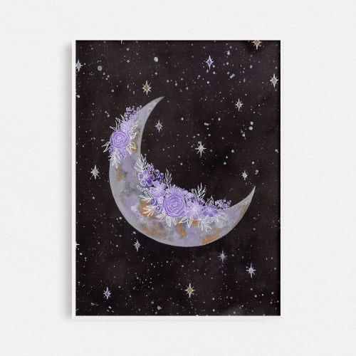 Floral Crescent Moon Art Print | La Luna Celestial Watercolor Print | Moon Space Decor | Modern and Feminine Inspirational Illustration