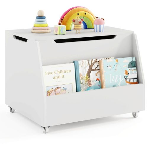 Costway Kids Toy Box Wooden Mobile Toy Storage Organizer with Bookshelf & Lockable Wheels White