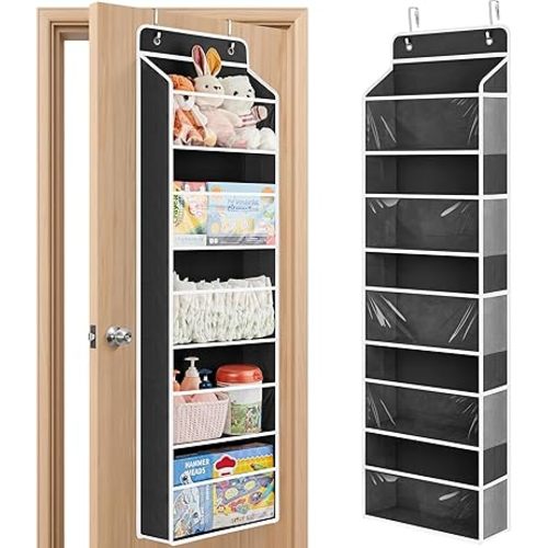JARLINK Toy Stuffed Animal Storage, Over The Door Organizer W/Clear View Windows, 44lb Load, Baby Toy Storage Organizer for Nursery, Kid Bedroom, Newborn Baby Essentials (Black)