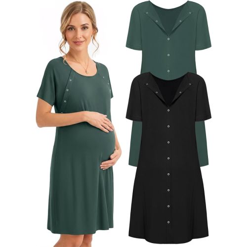 2 Pack Labor and Delivery Gown 3 in 1 Maternity Nursing Hospital Nightgown | Button Down Breastfeeding Nightgown, Lightweight Open Back Birthing Gown, Short Sleeve Round Neck Gown, Best Gift for Mom