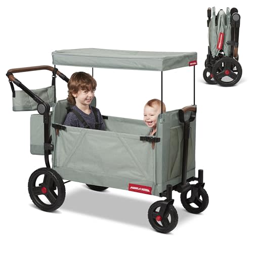 Foldable Wagon, Baby Stroller, Outdoor Play Rolling Cart, Beach Cart, Outside Toys for Toddlers 1-3, Radio Flyer Atlas Stroller Wagon for Kids Ages 1+ Years, Sage Green