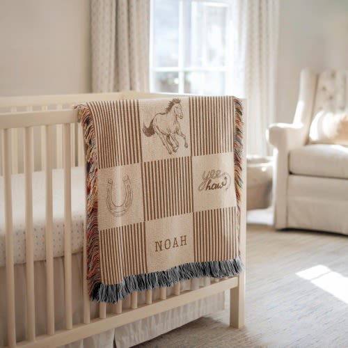 Personalized Cowboy Woven Baby Blanket, Custom Western Name Blanket for Boys, Heirloom Nursery Throw, Baby Shower Gift Decor
