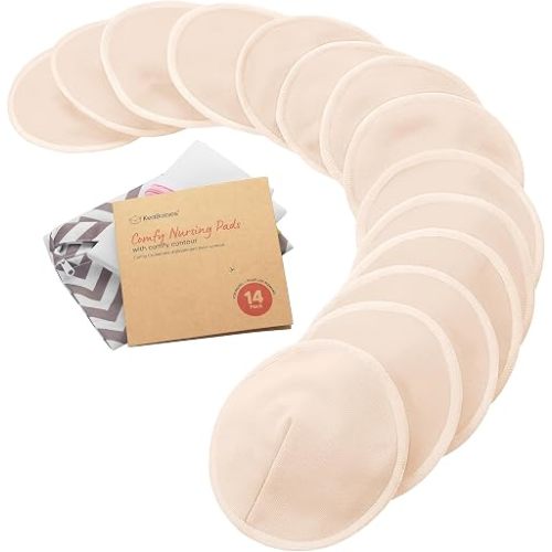 Organic Nursing Pads, 14 Washable Breast Pads,Wash Bag (Bare Beige, L 5")