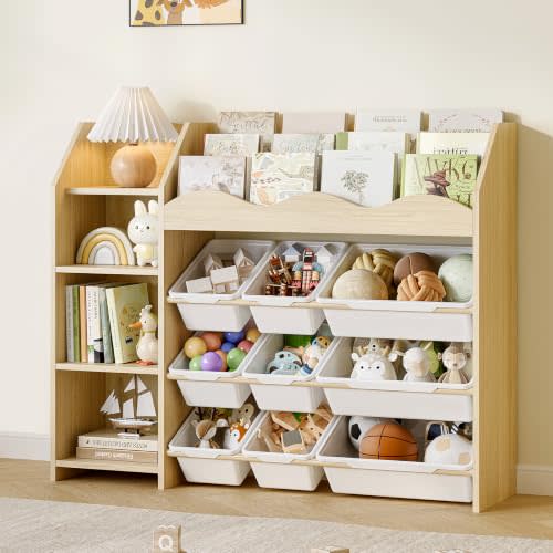 EXPERLAM Toy Storage Organizer, Scalloped Bookshelf, 4 Toy Shelves, 9 Bins | Scalloped top book display, 4-tier side shelves and removable bins for kids books, toys and playroom cleanup