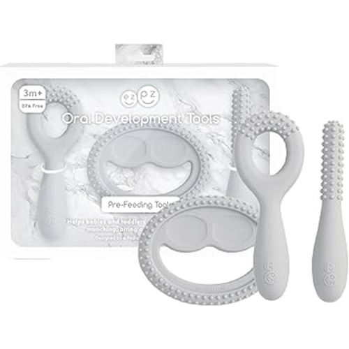 ezpz Oral Development Tools (3 Pack in Pewter) - 3 Months+ - Non-Slip Loop, Smile and Stick 100% Silicone Tools - Prepare for Chewing + Solids - Baby-Led Weaning Supplies