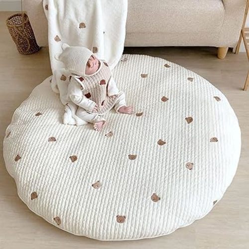 Baby White Bear Embroidered Play Mats, 33.5" Cotton Crawling Mat, Detachable Washable Floor Mat Soft Kids Room Decor Rug Gym Nursery Area Rug Playroom Mat Carpet for Infant Toddler