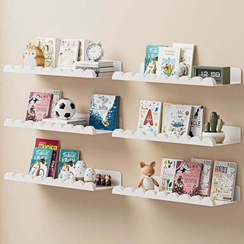 6-Pack Nursery Book Shelves, Scalloped Floating Shelves for Wall Kids, 15.7" Wood Wall Book Shelf for Bedroom Kids, Toddler Room, Baby Room, Nursery Decor,All White