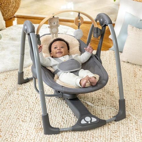 Ingenuity Every Season Portable Swing 'n Go - Cooling and Warming Fabrics, Detachable Sustainable Wooden Bar, Music, Motorized, for Ages 0-9 Months, Grey - Wesley