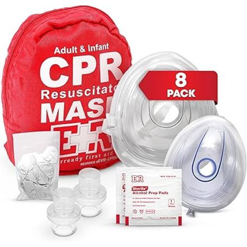 Adult and Infant CPR Mask Combo Kit – 8-Pack – 16 Valves, 8 Gloves, 16 Alcohol Pads – Emergency Resuscitation Kit for First Responders