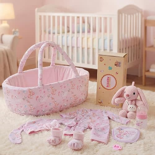 BABESIDE 8 Pcs Baby Doll Clothes Set with Bassinet for 12-15 Inch Dolls, Cute Bunny Baby Doll Clothes and Accessories Toy, Feeding Bottle – Babydoll Accessories for Gilrs
