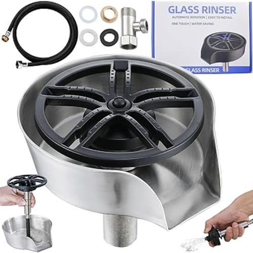 Glass Rinser and Cup Washer for Sink, 360° Rotating Spray Nozzle with Pull-Out Design, Bottle Cleaner - Tilted Base Prevents Splashing, Kitchen Sink Accessories for Home & Bar (Easy Install-Silver)