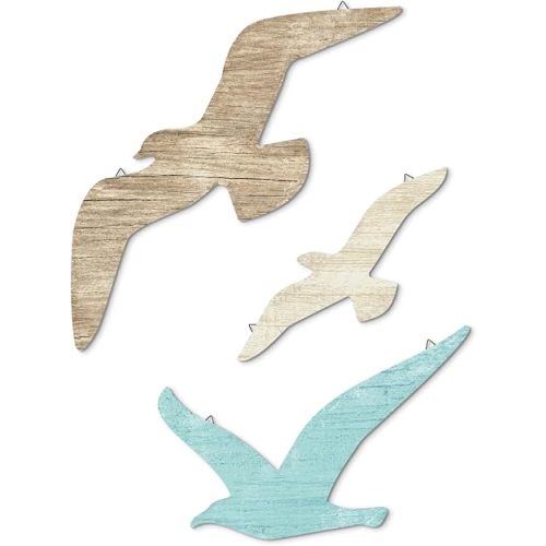 Putuo Decor 3pcs Seagull Wall Decor, Wooden Sea Bird Wall Hanging with Hooks, Ocean Home Decor Indoor Beach Art Decor for Bathroom Beach Room Decor Living Room Lake Decor for Home