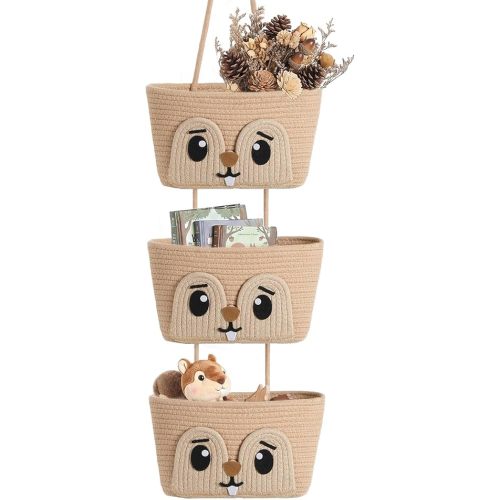 3-Tier Squirrel Theme Cotton Rope Hanging Basket Organizer, Wall Storage Bin with Hooks, Dark Brown over Door Decorative Nursery Closet Hanging Accessories