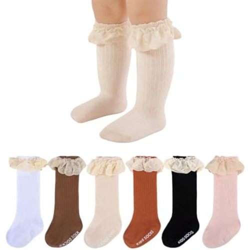 6 Pairs Baby Girl Knee High Socks Newborn Infant Toddler Cotton Long Lace Ruffle Socks Tall Frilly Dress Stockings