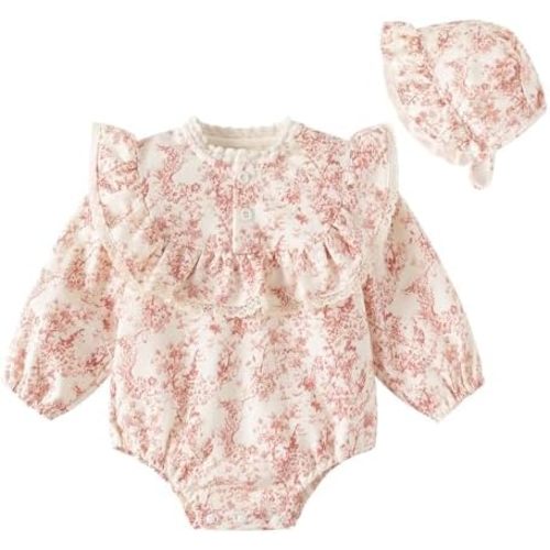 Baby Girl Long Sleeve Vintage Print Romper & Hat Newborn Outfit Set, Infant Spring Autumn Clothes Baby Girl Photoshoot Outfit