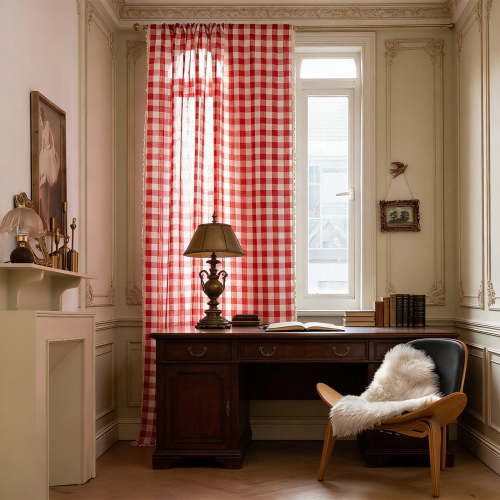 Country Plaid Window Drapes Light Filtering Woven Curtains for Living Room Bedroom Balcony