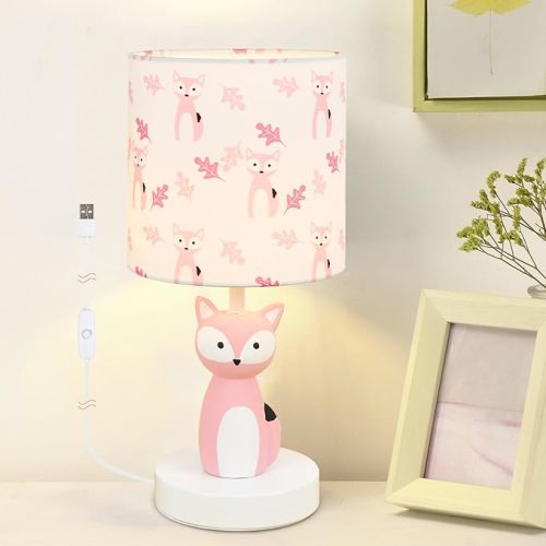 Lampwell Fox LED Table Lamp with USB Port DC5V,Pink Kids Table Lamp,Night Light for Kids Room,Nursery,Bedroom,Kitchen Counter,Gameroom,Φ5.91×H12.88IN,Hand-Made