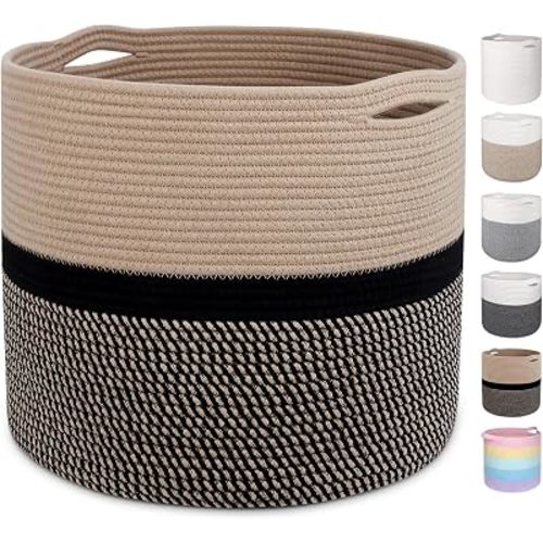 Panier de rangement rond en corde de coton pour salon, panier de rangement décoratif avec poignées, organiseur de style bohème pour couvertures, oreillers, linge, 40,1 cm de diamètre x 35,1 cm de haut, noir naturel