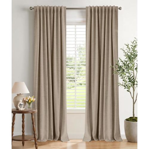 INOVADAY 100% Blackout Linen Curtains for Bedroom 50x90 Burlywood Birch | Linen Textured, Light Blocking, Room Darkening, Thermal Insulated, Back Tab Top, Window Curtains for Living Room, 2 Panels